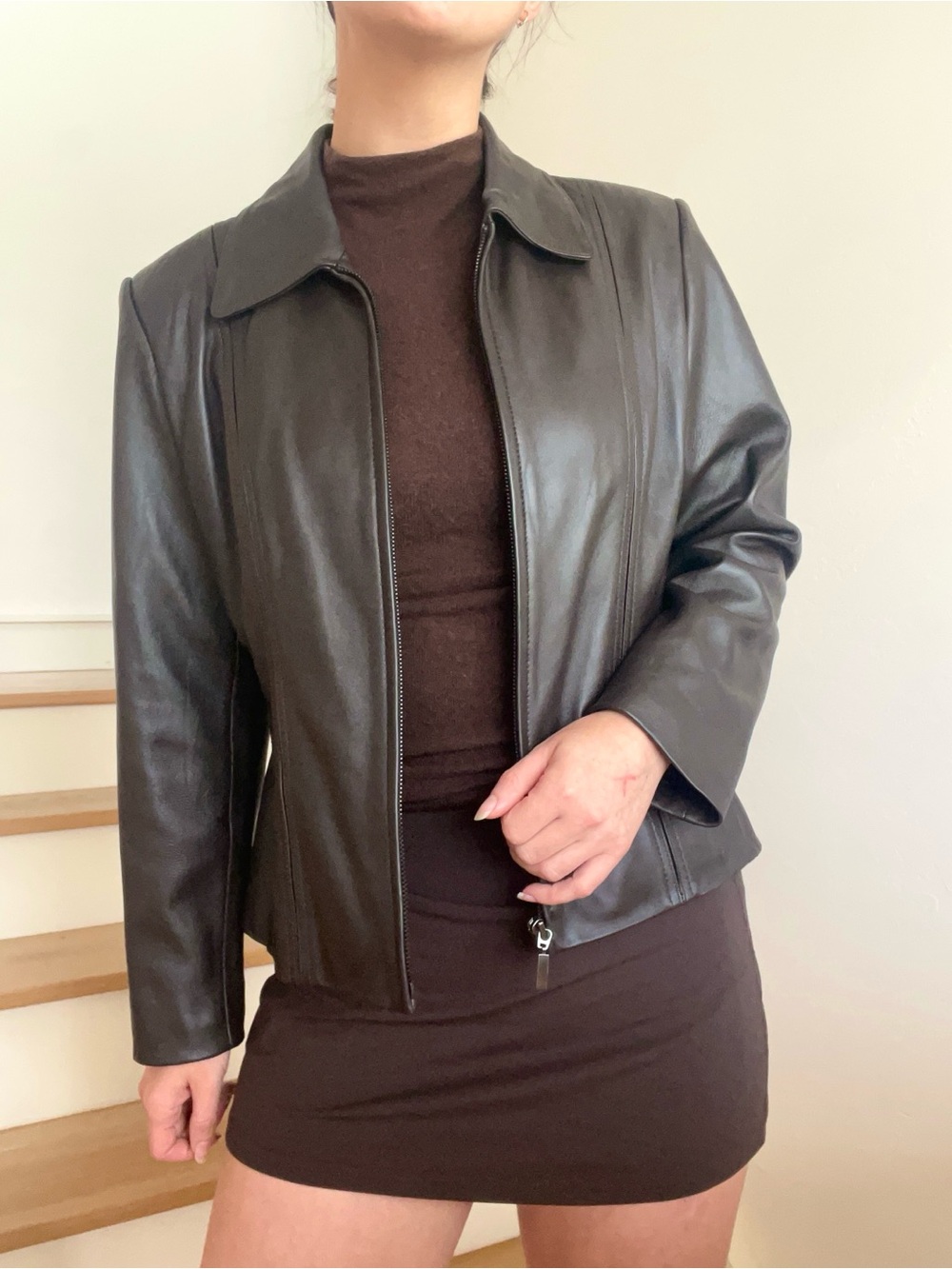 Vintage Preston & York Brown Lambskin Leather Y2K Full Zip Collared Jacket Coat